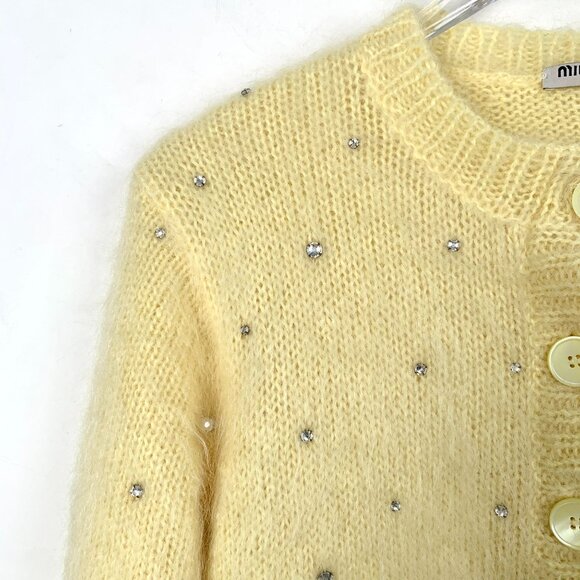 Miu Miu Yellow Crystal-Embellished Knit Cardigan Sweater Button-Up Made In Italy - Picture 3 of 8